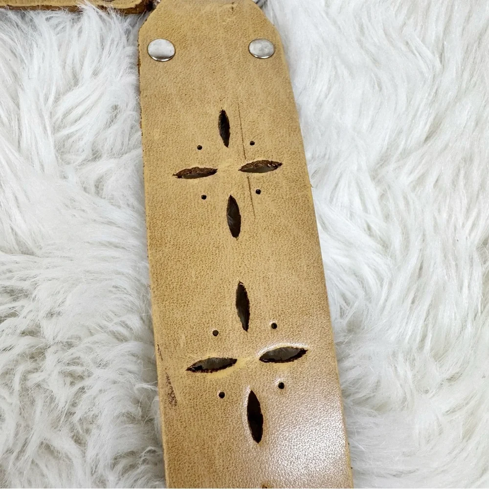 VINTAGE The Buckle Y2K Wide Tan Leather Belt Size XL Tooled Cutout Boho Festival